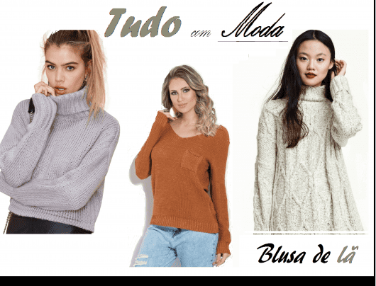 Foto capa do post com modelos de blusas de lã nas cores cinza, caramelo e gelo.