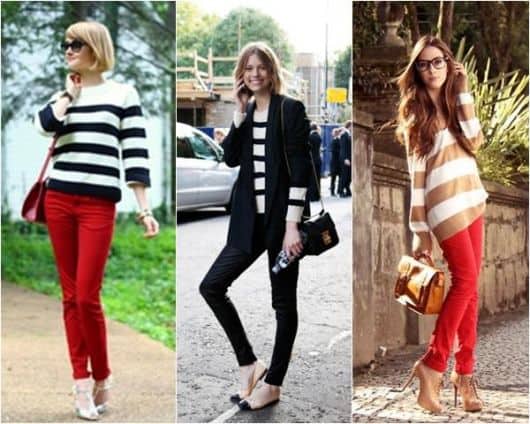 Modelos vestem looks casuais com calça vermelha e preta e blusas de listras nas cores branco e preto.