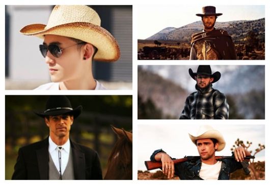 Montagem com cinco fotos diferentes de homens usando chapéu country masculino. 
