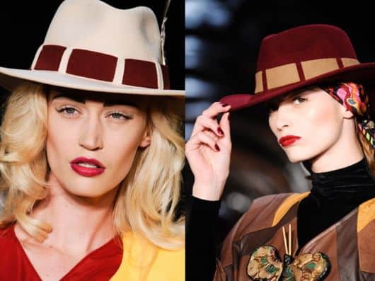 Modelos usa chapéu feminino fedora nas cores vinho e bege claro.