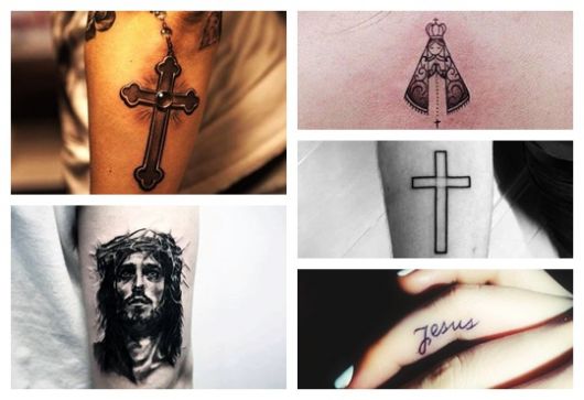 Montagem com cinco fotos diferentes de tatuagem religiosa