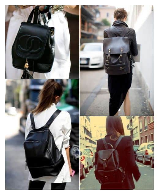 Mulheres com quatro modelos diferentes de mochila de couro preta.