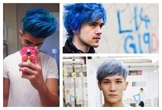 Montagem com três fotos diferentes de homens com cabelo azul.