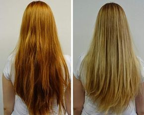 Montagem com fotos de cabelo antes e depois de ser matizado.