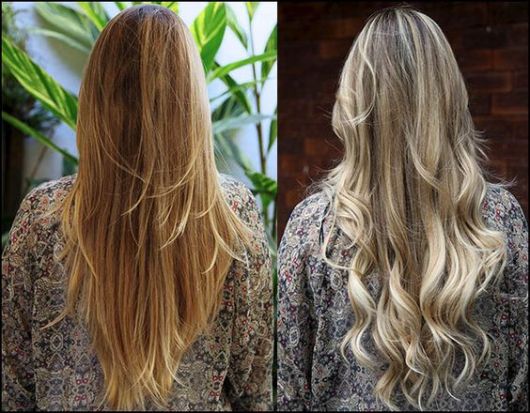 Duas fotos mostrando antes e depois de cabelo matizado.