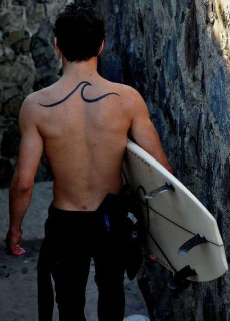 Homem de costas sem camisa segurando uma prancha. No centro das suas costas há uma tatuagem horizontal de uma linha grossa formando uma onda. 