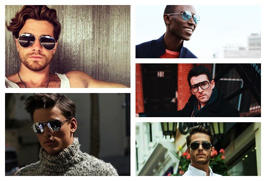 Montagem com 5 fotos diferentes de homens usando óculos aviador masculino 
