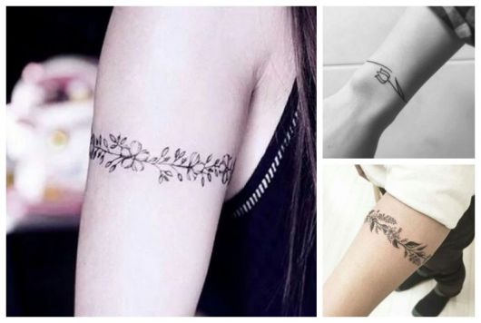Montagem com três imagens de tatuagem bracelete feminino com flores.