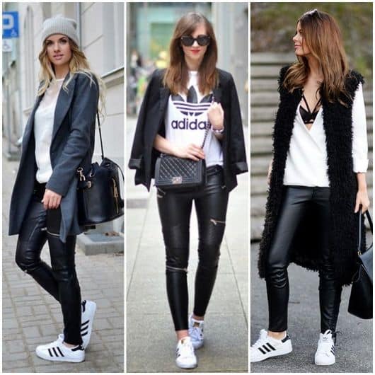 Modelos usam calças de couro preta, tenis branco e blusa branca.