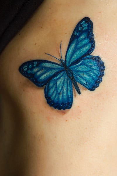 Tatuagem borboleta azul com antenas.
