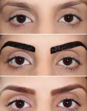 Montagem com antes, durante e depois de henna nas sobrancelhas.