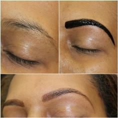 Antes, durante e depois de aplicação de henna nas sobrancelhas.