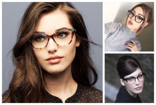 Montagem com cinco exemplos de óculos de grau para rosto oval.