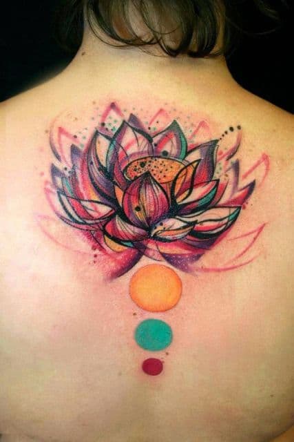 tatuagem flor de lótus nas costas nas cores amarelo, verde e vermelho.