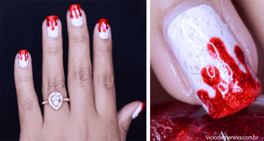 modelo de unhas decoradas com as cores vermelho e branco.