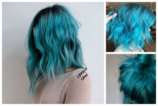 Montagem com três cabelos azul turquesa.