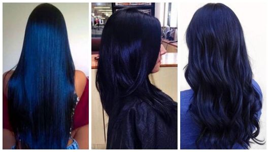 Três fotos de mulheres com cabelo azul escuro comprido.
