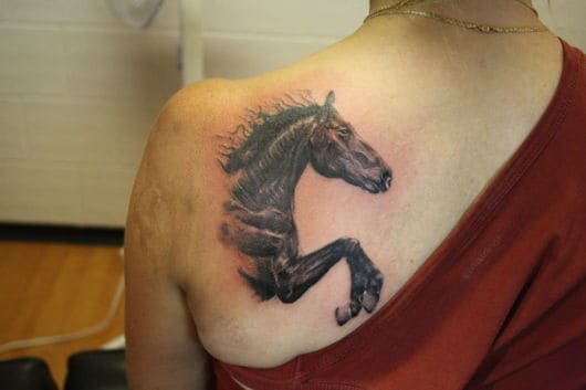 Cavalo negro próximo ao ombro