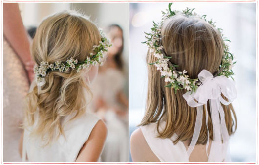 Penteados para casamento de dia: Daminha com cabelo solto e tiara de flores
