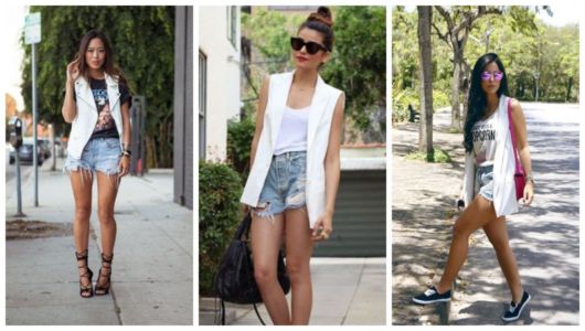 Montagem com exemplos de looks com colete branco e shorts jeans.