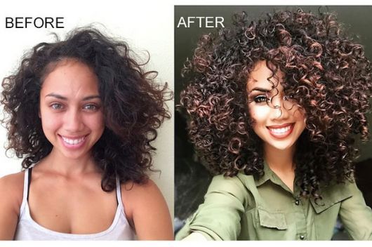 Mega hair cacheado antes e depois.