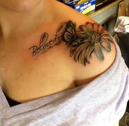 tatuagem grande flor e borboleta