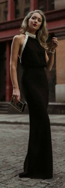 look vestido preto longo