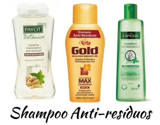 Montagem com três exemplos de shampoo anti-resíduos, uma das dicas sobre como tirar violeta genciana do cabelo.