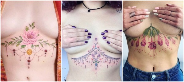 tatuagens coloridas entre os seios