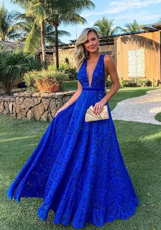 vestido azul rodado longo