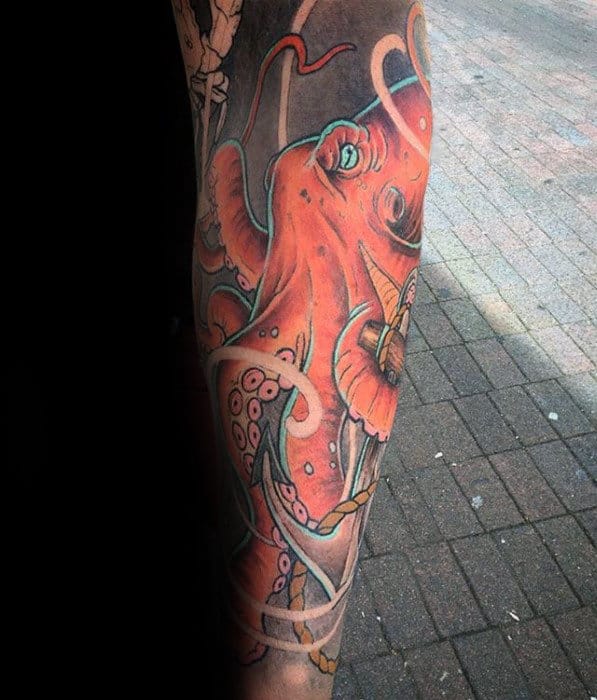 tatuagem de polvo na perna grande colorida