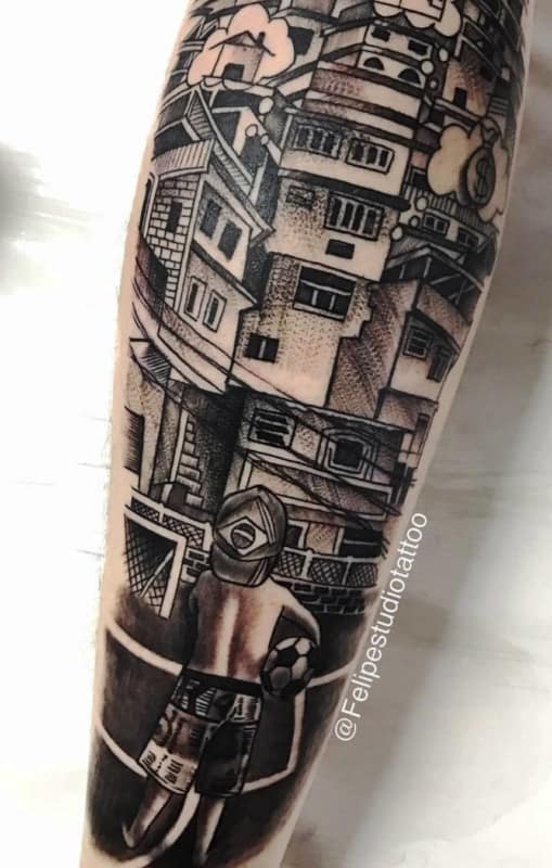 tatuagem favela na perna masculina