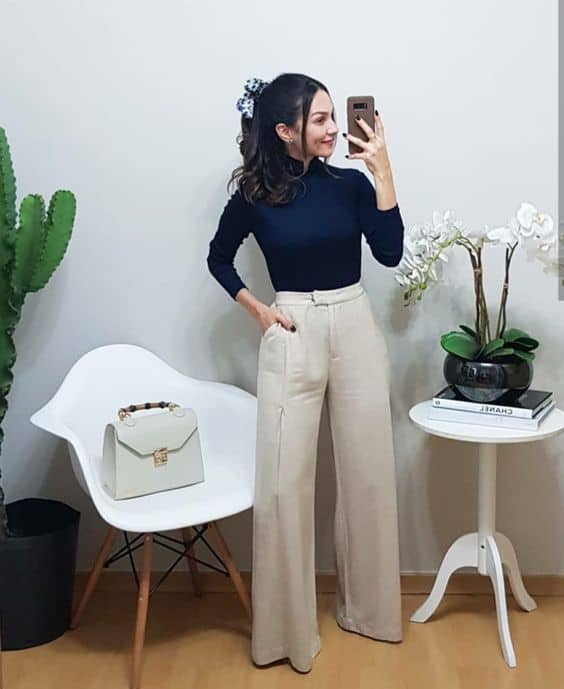 look trabalho com calça pantalona de alfaiataria