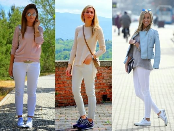 Ideias de looks com calças brancas skinny e tênis casuais