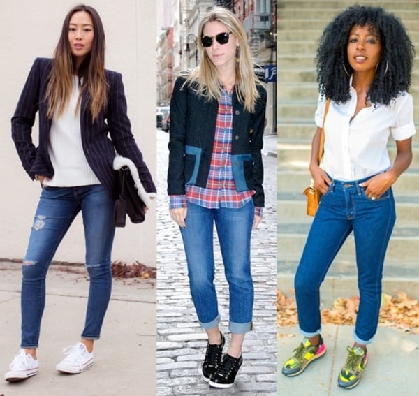 Três looks variados com tênis e calças skinny