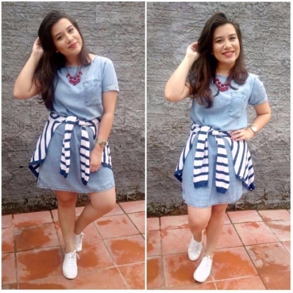 look de vestido curto com blusa e tênis