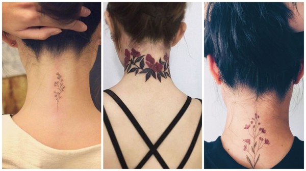 tatuagem feminina de flor na nuca