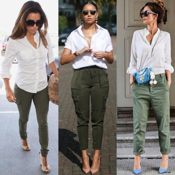 Calça cargo verde militar com camisa branca é um clássico da moda