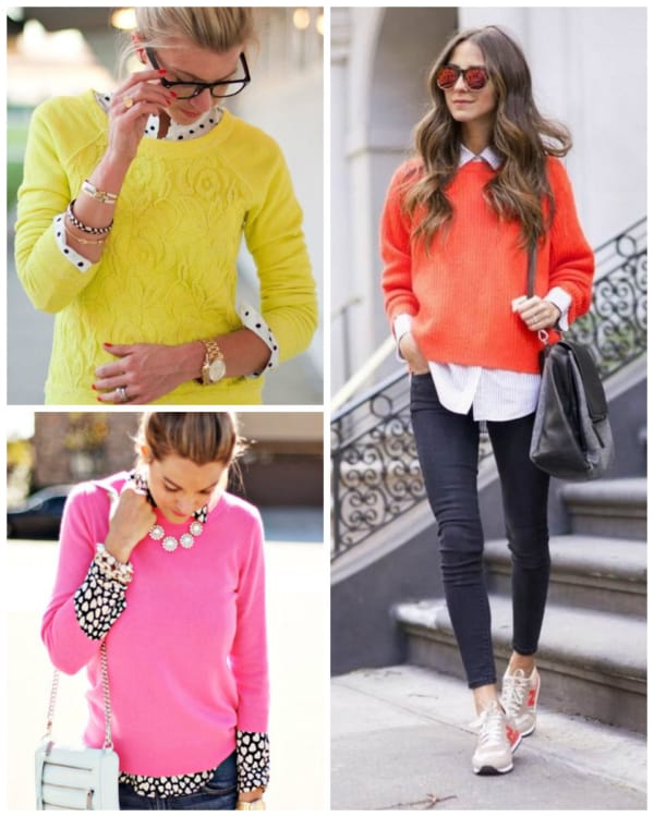 Três suéteres coloridos femininos