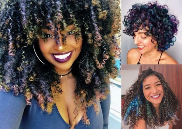Montagem com fotos de três mulheres com cabelo cacheado colorido