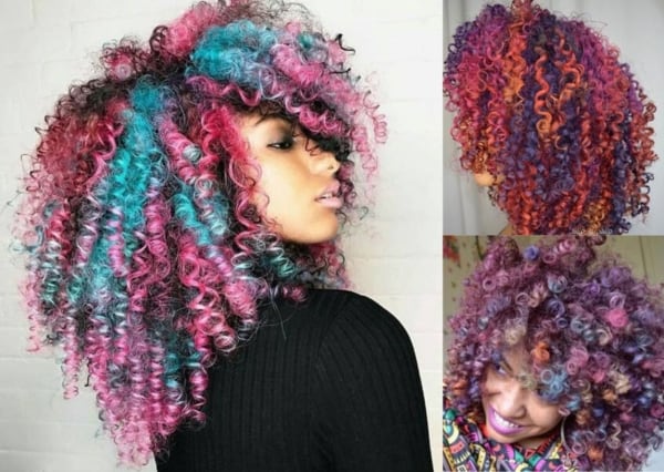 Montagem com fotos de três mulheres com cabelo colorido
