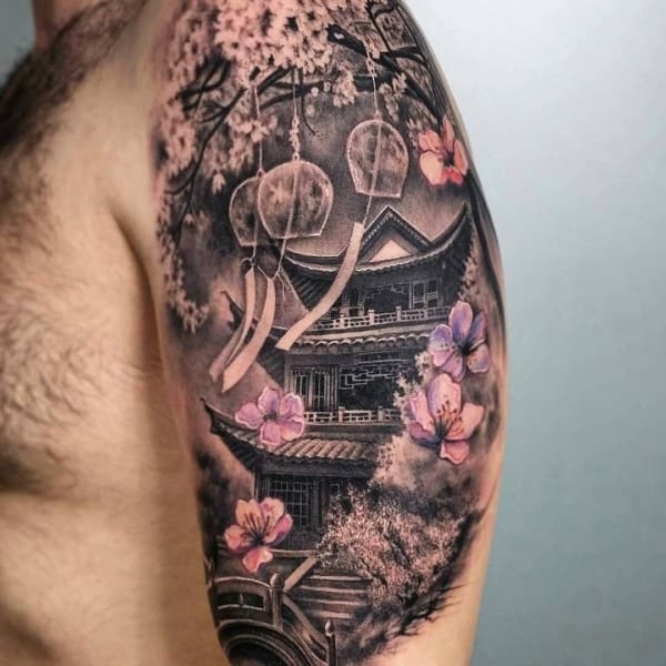Tatuagem templo chines no braço
