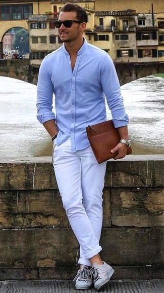 camisa de linho azul com calça branca