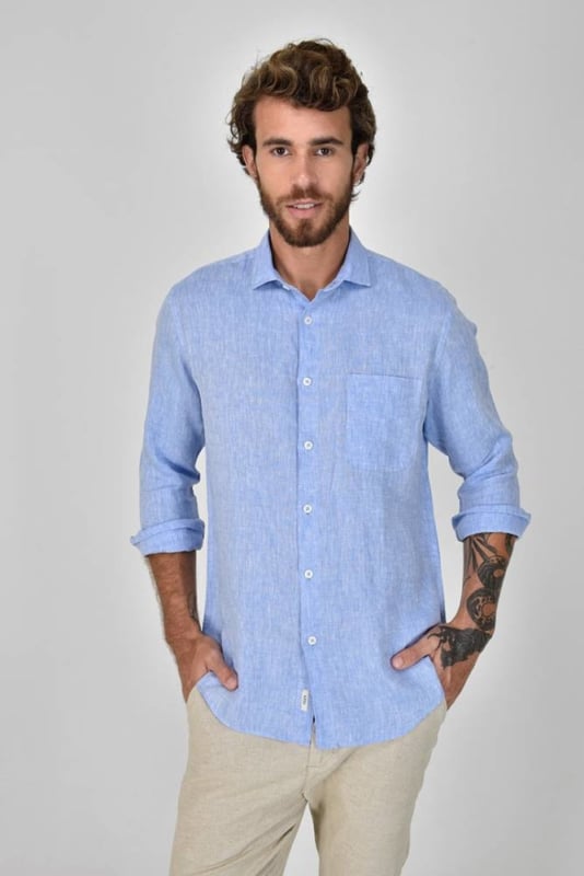 camisa de linho manga longa azul