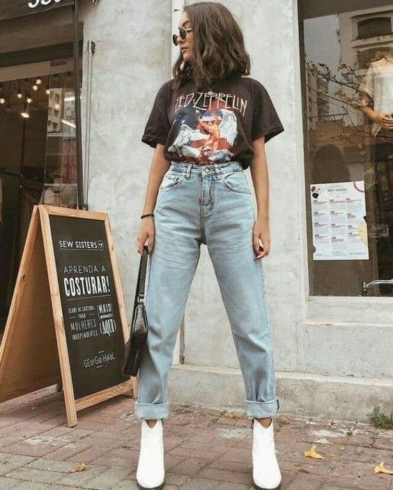 look com calça vintage mom jeans e botinha