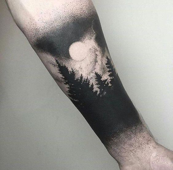 tatuagem pontilhismo de floresta negra com lua