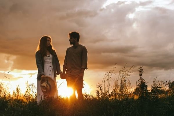 stock photo silhouette couple holding hands meadow
