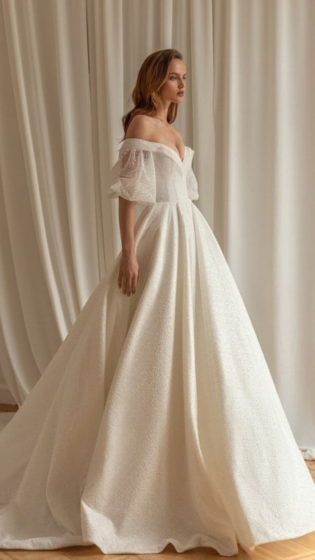 Vestido de noiva com saia rodada simples com manga princesa