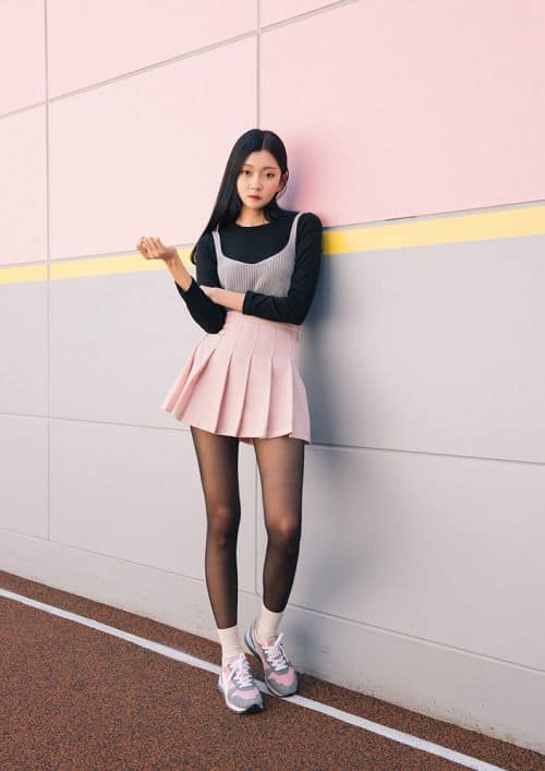 14 look com saia coreana rosa claro Pinterest