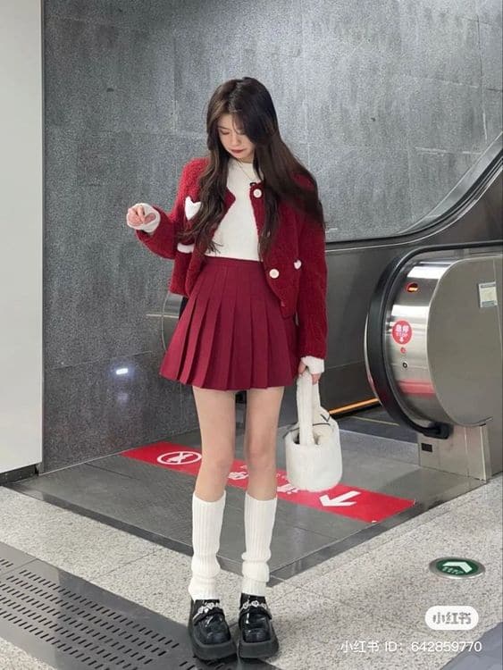 24 look coreano com saia vermelha Pinterest